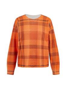 Debiesn Artist Plaid Pattern Loose Fit Crew Neck Knit Orange Sweater, Suitable For Autumn/Winter, Holiday, New Year, Thanksgiving, Vacation, Festival, Ibiza Fits - Orange - View 1