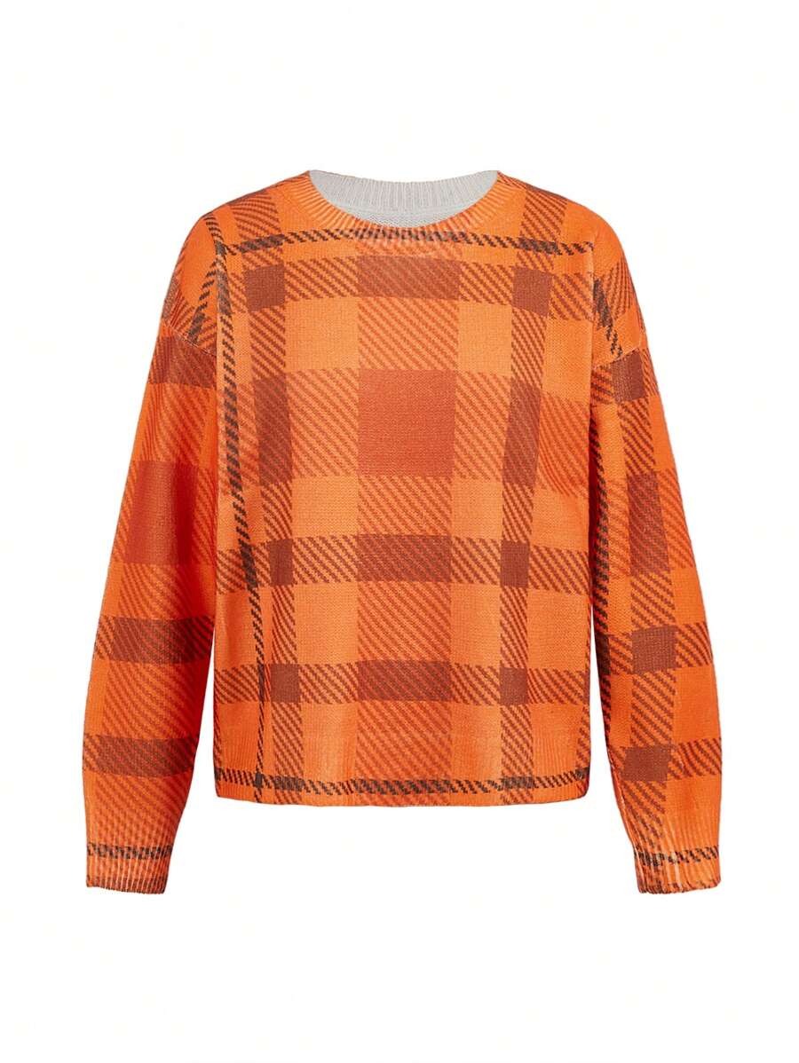 Debiesn Artist Plaid Pattern Loose Fit Crew Neck Knit Orange Sweater, Suitable For Autumn/Winter, Holiday, New Year, Thanksgiving, Vacation, Festival, Ibiza Fits - Orange - View 1