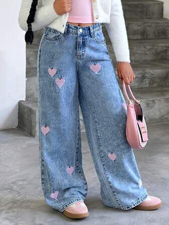 Tween Girl Sweet Heart Embroidery Straight Leg Wide Loose Jeans,Holiday,Summer,Travel