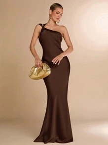 SHEIN BAE 女士简约纯色缎面不对称单肩镂空后背系带长裙，适合派对、鸡尾酒会、正式活动、浪漫约会、婚礼、伴娘礼服