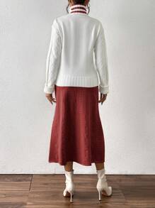 Calvaya Vestido largo elegante y de moda con escote en V, contraste de colores, lazo, manga con campana de cola de pez, para otoño/invierno, estilo europeo y americano