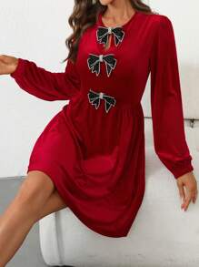 SHEIN LUNE Women's Elegant Rhinestone Bow Decor Lantern Sleeve Short Dress, Autumn/Winter For New Year Clothes Fall Cloth For Women - Red - View 4