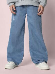 SUMWON Jean de ajuste holgado con bordado para niño preadolescente - Celeste - Ver 3