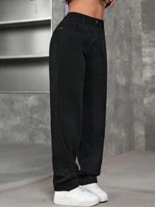 SHEIN EZwear 女士休闲简约时尚牛仔裤，适合日常穿着 - 黑色 - 查看 6