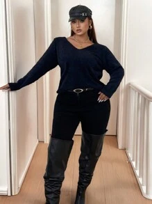 Calvaya Áo len chui đầu cổ chữ V màu trơn cỡ lớn, kiểu dáng thường ngày, thích hợp cho mùa đông và mùa thu. - màu đen - Xem 5