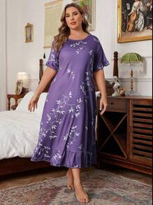Plus Size Women Plant Print Round Neck Short Sleeve Ruffle Hem Casual Nightgown, Moo Moo Sleep Dress - Purple - View 5