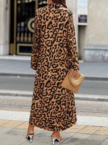 SHEIN LUNE Random Leopard Print Women Long Sleeve Single Button Down Long Shirt Dress, Autumn