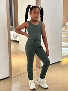 SHEIN Tween Girls 3pcs Set: Knitted Long Sleeve Cardigan, Sleeveless Tank Top, And High Stretch Leggings, Casual Sport Style - Green - View 3
