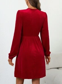 SHEIN LUNE Women's Elegant Rhinestone Bow Decor Lantern Sleeve Short Dress, Autumn/Winter For New Year Clothes Fall Cloth For Women - Red - View 2