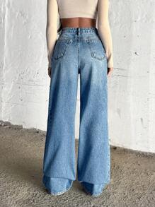 SHEIN Cottnline Hıgh Waist Wash Detailed Wideleg Jean - Medium Wash - View 3