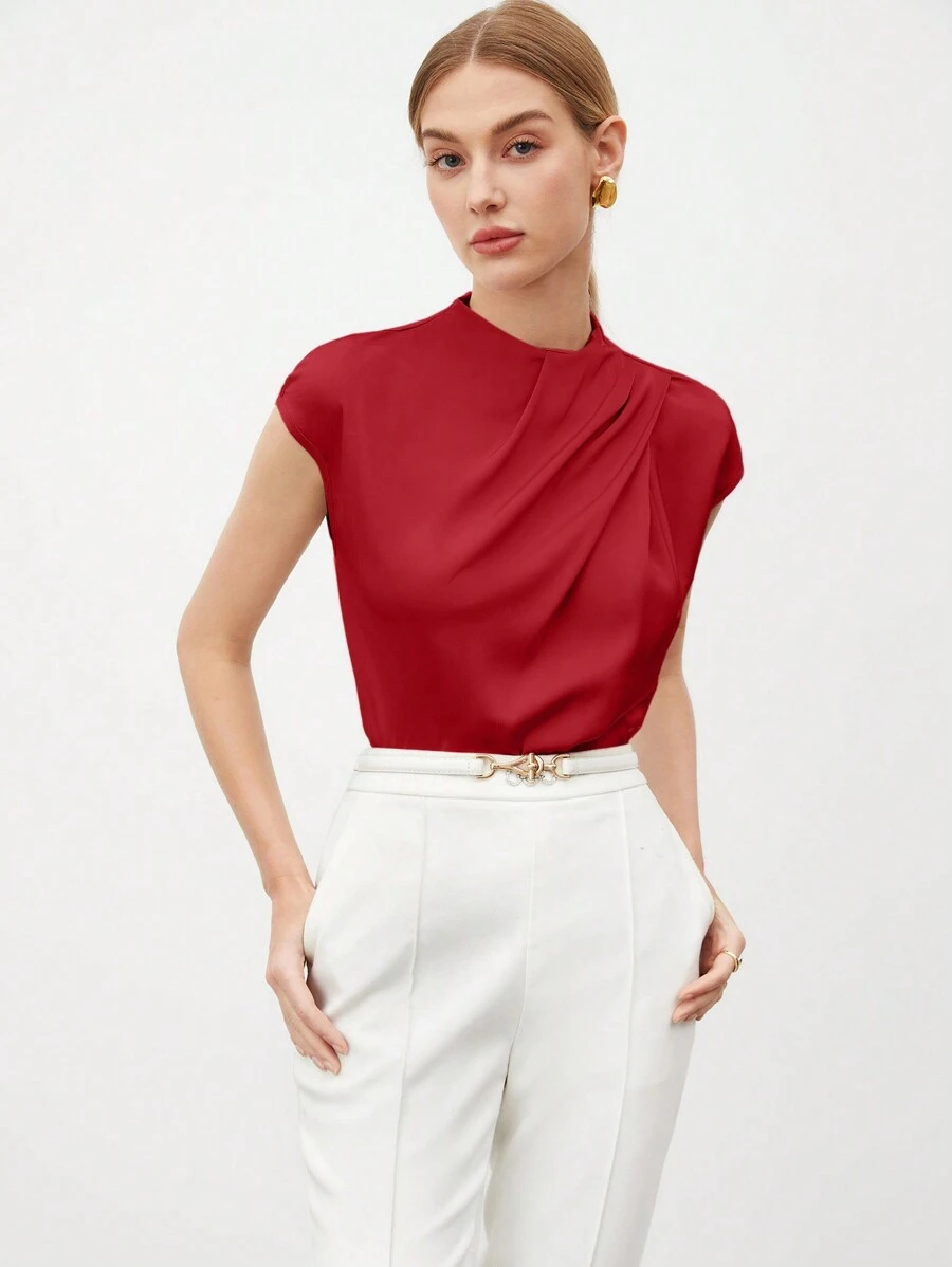 SHEIN BIZwear Women's Solid Color Stand Collar Pleated Sleeve Elegant Commuting Shirt - Red - View 1