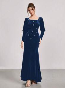 SHEIN Belle Đầm dạ hội đuôi cá dài tay nhung đính đá lấp lánh Giáng sinh màu đen, thời trang mới cho buổi biểu diễn sân khấu/tiệc cưới dáng ôm - Màu xanh hải quân - Xem 4