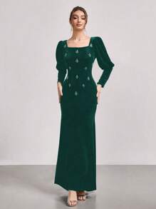 SHEIN Belle Vestido de sirena de manga larga de terciopelo con strass, nuevo vestido de gala brillante, adecuado para el escenario, fiesta y banquete, estilizador - Verde Oscuro - Ver 4