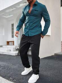 Manfinity Homme Ensemble casual de chemise à manches longues et pantalon unicolore coupe ample pour hommes, automne - Multicolore - Voir 4
