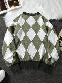Claim Dot Men's Casual Loose Fit Drop Shoulder Rhombus Pattern Knitted Plaid Pullover Graphic Color Block Long Sleeve Green Sweater, For Vacation, Friends - Multicolor - View 2