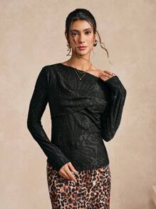 Chiquease 女士纯色纹理针织不对称领优雅长袖 T 恤 - 黑色 - 查看 5