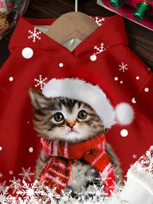 SHEIN Young Girls Casual Loose Round Neck Comfy Daily Wear Cute Cat With Santa Hat Print Cozy Knit Long Sleeve Sweatshirt, Suitable For Autumn/Winter, For Christmas - Multicolor - View 2