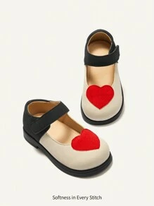 Cozy Pixies 1pair Fashionable Versatile Heart Princess Style Contrast Color Cute Toddler Girls Soft Bottom Flat Shoes, Baby