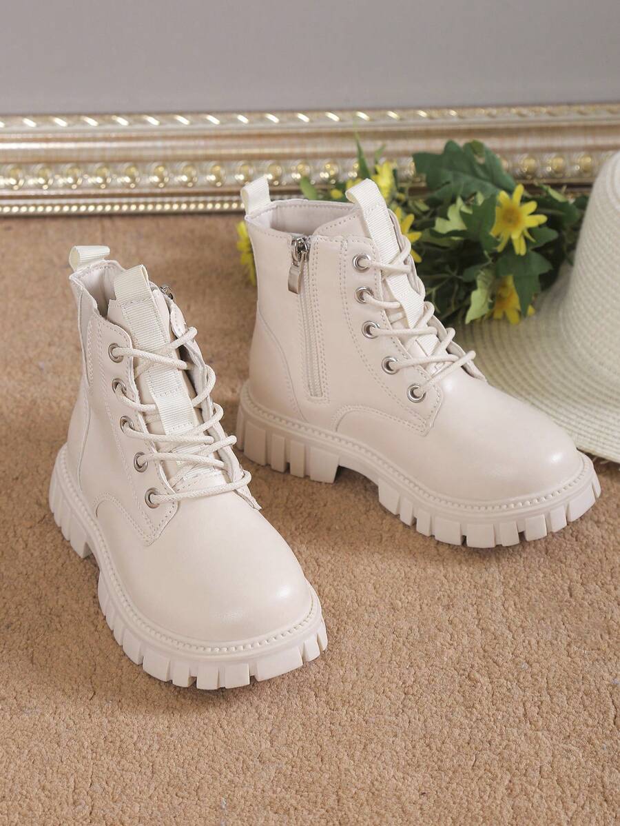 时尚新款纯色侧拉链儿童厚靴，户外穿着舒适 - 米色 - 查看 1