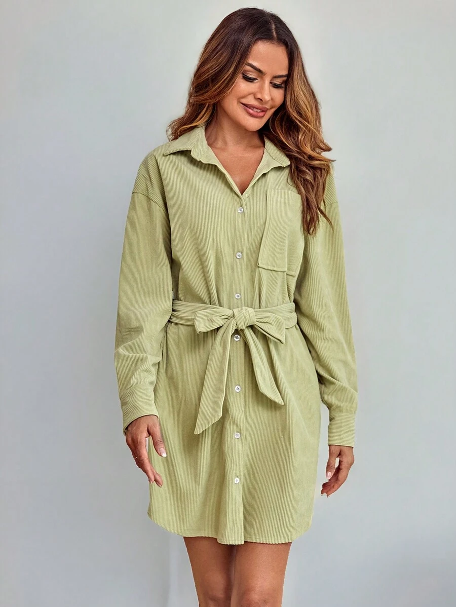 SHEIN LUNE Drop Shoulder Belted Corduroy Shirt Dress