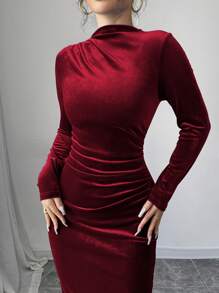 Selianne Women Elegant Velvet Asymmetric Ruffle Split Hem Dress Burgundy Maxi Women Outfit Fall Cloth For Women