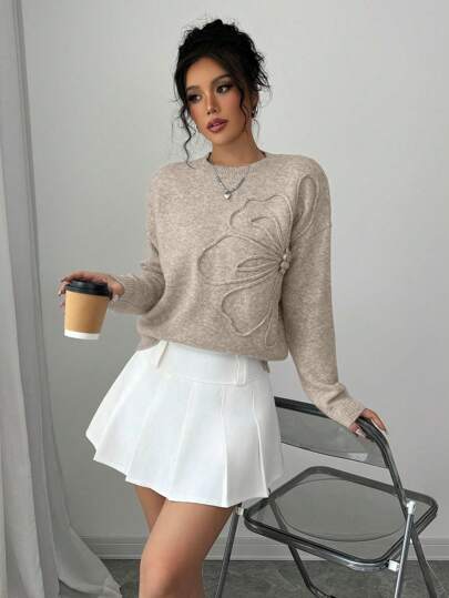 Elenzga Damen Pullover mit Rundhalsausschnitt, Blumenmuster und einfarbig