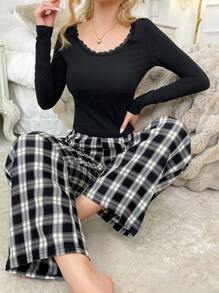 SHEIN Bộ đồ ngủ áo dài tay trơn màu và quần in họa tiết kẻ caro cho nữ, trang phục thu đông - Đen và trắng - Xem 5