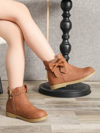 女童棕色靴子，儿童侧拉链踝靴，冬季儿童鞋，幼儿靴