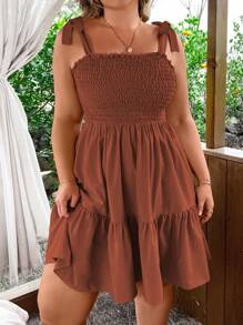 SHEIN LUNE Plus Size Boho Casual Solid Color Tied Strap Dress, For Holiday, For Summer - Rust Brown - View 3