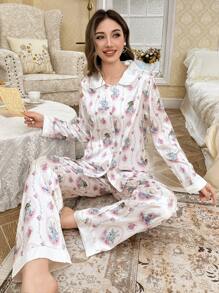 Pijama de manga larga con estampado de conejo y flores para mujer, romántico para otoño/invierno