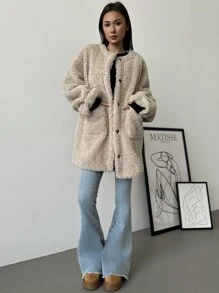 Aloruh 女士蓬松衬里可拆卸保暖围巾常规夹克，秋冬 - 杏色 - 查看 4