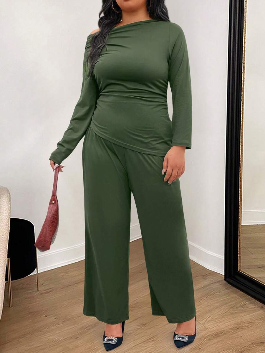 INAWLY 2pcs/Set Plus Size Casual Solid Color Asymmetrical Top And Pants, Autumn Fall Cloth For Women - Green - View 1