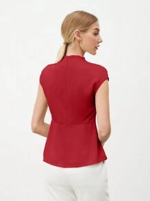 SHEIN BIZwear Women's Solid Color Stand Collar Pleated Sleeve Elegant Commuting Shirt - Red - View 2