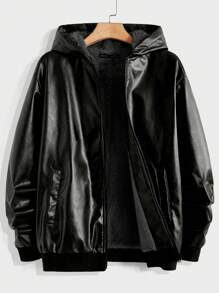 GENTILAND 超大号男士拉链连帽泰迪熊内衬 PU 皮夹克 - 彩色 - 查看 1