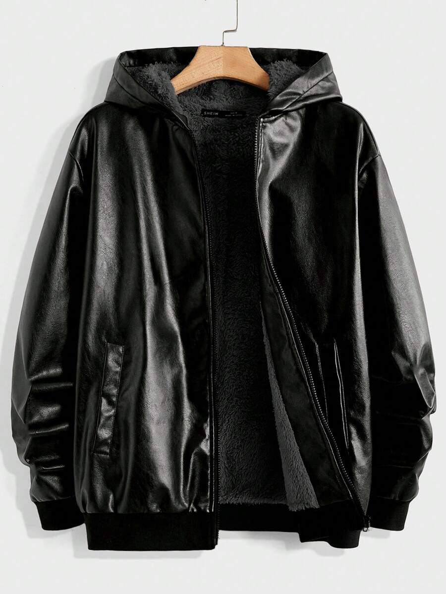 GENTILAND 超大号男士拉链连帽泰迪熊内衬 PU 皮夹克 - 彩色 - 查看 1