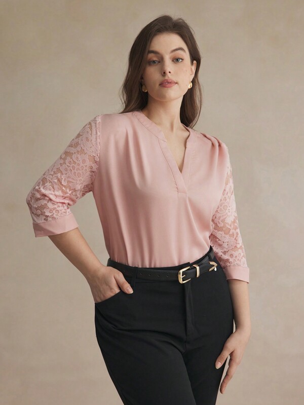 BizChic Plus Size Elegant Solid Color Lace Patchwork Shirt, Autumn