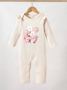SHEIN Baby Girls' Casual Daily Cute Embroidered Floral 3D Bow Decor Cap Sleeve Knit Jumpsuit, Soft Stretchy Fabric, Vintage Elegant Pastoral Style, Suitable For Outgoing, Vacation, And Home Use