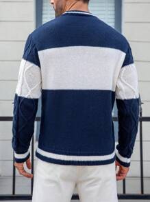 Manfinity Homme 男士简约时尚休闲针织条纹图案拼色套头长袖毛衣，日常穿着，适合外出，丈夫 - 藏蓝色 - 查看 2