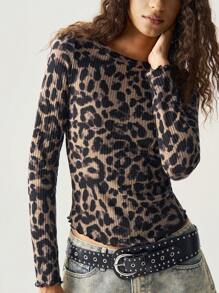 Bohemela Camiseta ajustada de manga larga con cuello redondo y estampado de leopardo para mujer