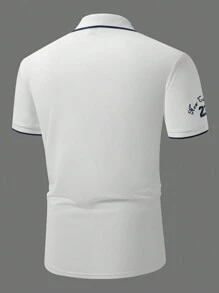 Manfinity Homme 大码男式刺绣拼色边饰休闲短袖 Polo 衫 - 白色 - 查看 2