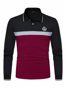 Manfinity Homme Men's Solid Color Splicing Front Button Long Sleeve Printed Casual Polo Shirt - Multicolor - View 3