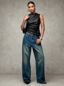 SHEIN BAE 女士黑色纯色无袖褶皱优雅仿 PU 皮革短款上衣，适合圣诞节、音乐节、夜店、复古风格、怀旧、外出、派对装、夜间外出、节日服装、紧身胸衣上衣、音乐会服装 - 咖啡棕 - 查看 5