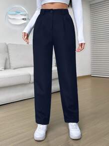 SHEIN EZwear 褶皺直筒褲 - 藍色 - 查看 1