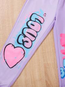 SHEIN Set de 2 piezas de sudadera con cuello redondo y diseño de corazón, y pantalón de chándal largo para niña preadolescente, conjunto lindo