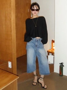 DAZY 女士宽松破洞阔腿七分牛仔短裤 - 中等水洗藍 - 查看 4