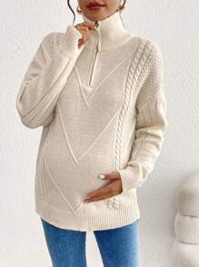 SHEIN Casual Loose-Shoulder Zip-Up Maternity Sweater, Simple Design For Autumn And Winter