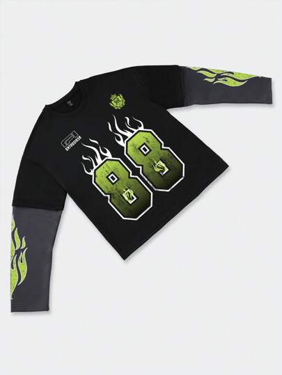 Street Life Men's Oversized Relaxed Fit Double Layer Sleeve Number Print Street Style T-Shirt