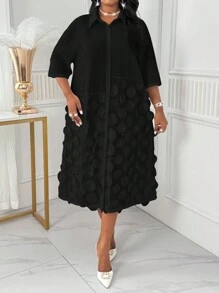 SHEIN Lady 春夏秋冬优雅工作办公室米色编织衬衫领直筒撞色网眼衬衫裙中长七分袖大码连衣裙