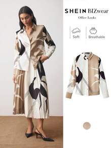 BizChic Floral Asymmetrical Geometric Print Long Sleeve Satin Blouse, Women Office Wear Clothes For Spring & Summer