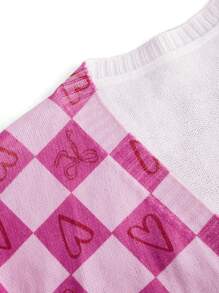 Mari Primo studio Artist Checkered & Heart Pattern Drop Shoulder Cardigan, For Autumn,Winter, Holiday, New Year, Thanksgiving, Vacation, Spring, Festival, Spring Break, Ibiza Fits, Pink - Pink - View 3